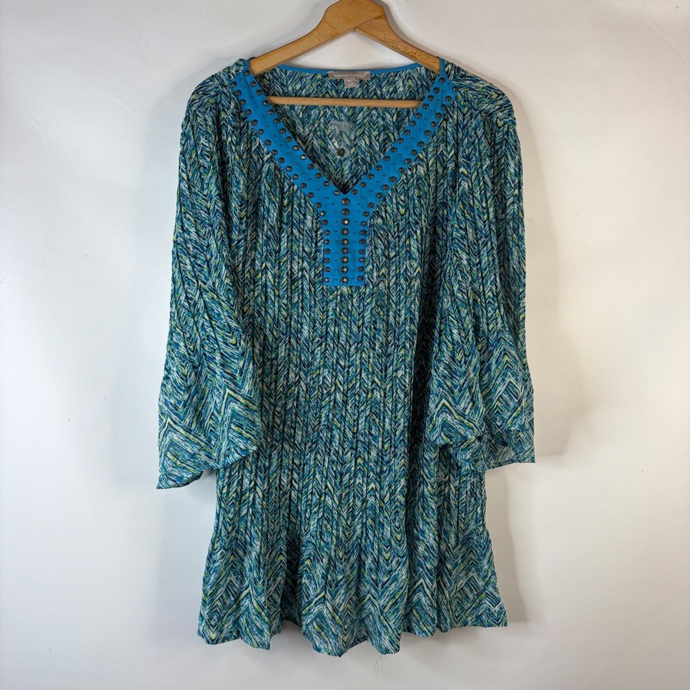 Woman Within Tunic Top Women 26/28 2X Blue Chevron Studded V-Neck Bell Sleeve - Picture 1 of 9